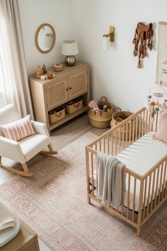Fresh nautical nursery ideas for a calm, stylish baby room 25 Dreamy nursery bedroom with a natural wood crib, blush pink rug, striped pillow, and soft accents paired with woven baskets.