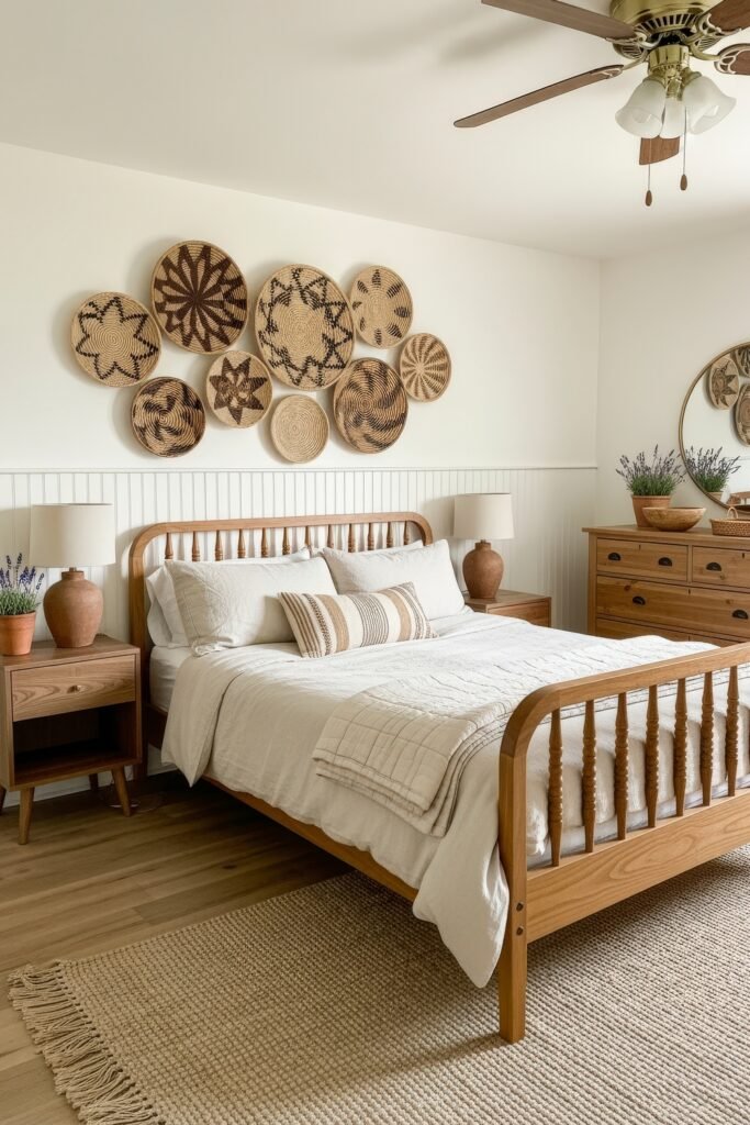 Sweet Ideas for a Romantic Cozy Farmhouse Bedroom 24 Bright cozy bedroom with a spindle bed, neutral bedding, striped accent pillows, woven wall baskets, and terracotta lamps.