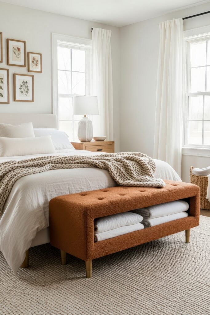 Smart, Stylish Storage Ideas for Small Bedrooms 28 Airy bedroom with white walls, framed botanical prints, and an orange upholstered storage bench holding neatly folded linens at the foot of the bed.