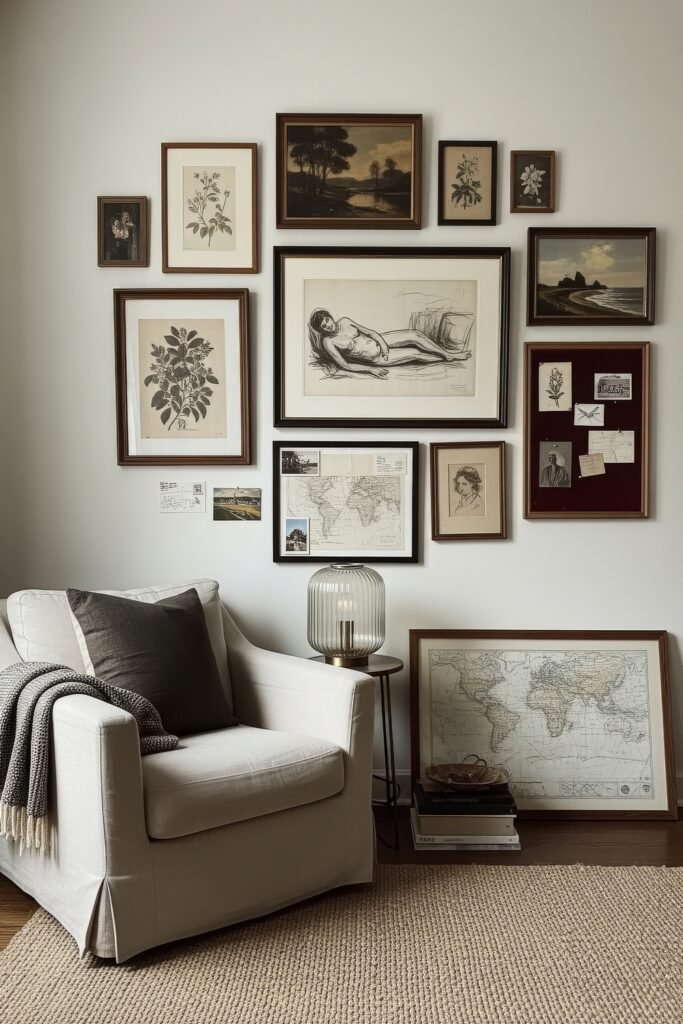Chic Ideas for Aesthetic Apartment Decor That Feels Effortless 32 Cozy reading nook with a white armchair, dark throw pillow, gallery wall of vintage sketches and maps, and a glass table lamp.