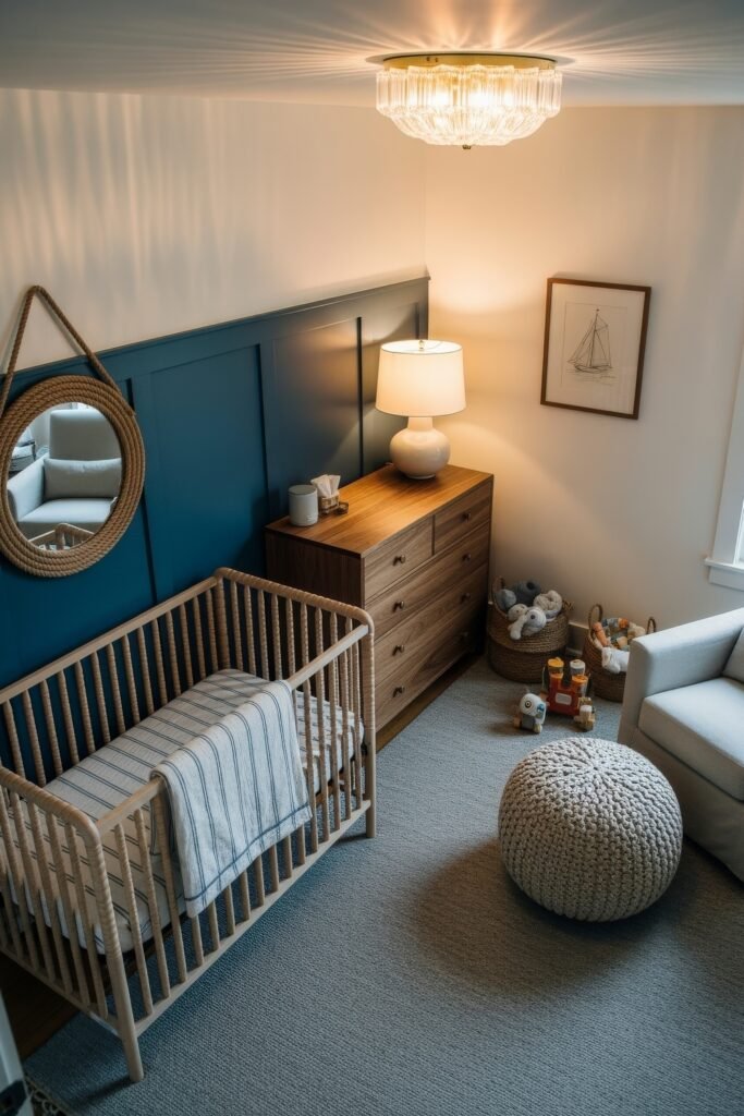 Dreamy Nursery Bedrooms: Baby Nursery Ideas for Boy 28 Nautical-inspired nursery with wood crib, navy wainscoting, rope mirror, striped blanket, and warm lighting for a coastal look.