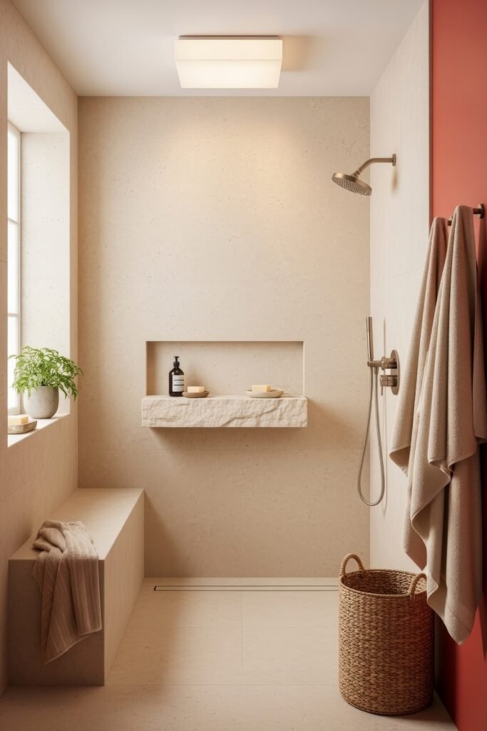 Bathroom Decor Ideas for Calm, Color, and Character 19 Tranquil shower space in soft beige tones with stone shelving, brushed metal fixtures, and a touch of greenery, offering peaceful, spa-like bathroom decor ideas.
