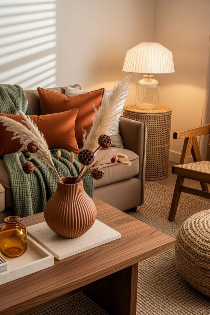 Cozy Boho Fall Decor: Ideas for Warm, Collected Style 31 Cozy living room corner with a beige sofa, rust pillows, green throw, and a terracotta vase filled with pampas grass and dried stems on a wooden coffee table.