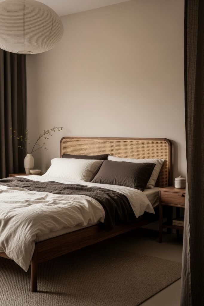 Chic Ideas for a Brown Apartment Aesthetic 27 Peaceful bedroom with a cane headboard, layered brown and cream bedding, wood nightstands, and a neutral palette enhanced by soft lighting—natural and relaxed brown apartment aesthetic.