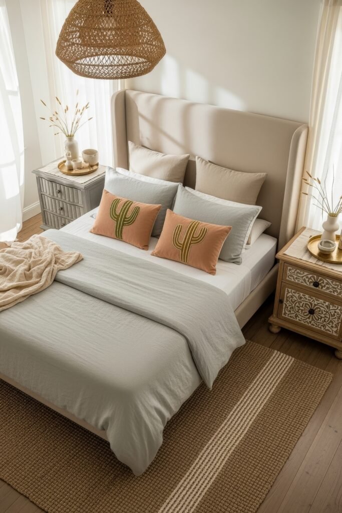 Dreamy Ways to Style a Cozy Boho Bedroom 29 Soft beige and green-toned bedroom with cactus-print pillows, layered neutral bedding, carved wooden nightstands, and a woven pendant light, all bathed in soft natural light for a calm, cozy boho bedroom vibe.