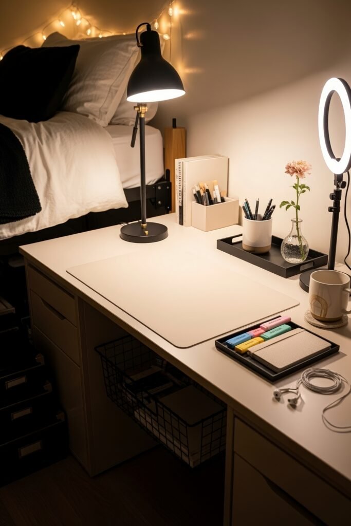 Dorm desk organization ideas for a chic glow-up 23 Sleek dorm desk organization with a black lamp, pastel highlighters, a ring light, and tidy storage against a softly lit wall.
