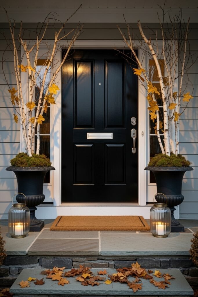 Cozy Entry Glow: Fall Porch Ideas to Try 29 Black front door framed by tall urns of birch branches with golden leaves, lanterns, and a doormat surrounded by autumn leaves.