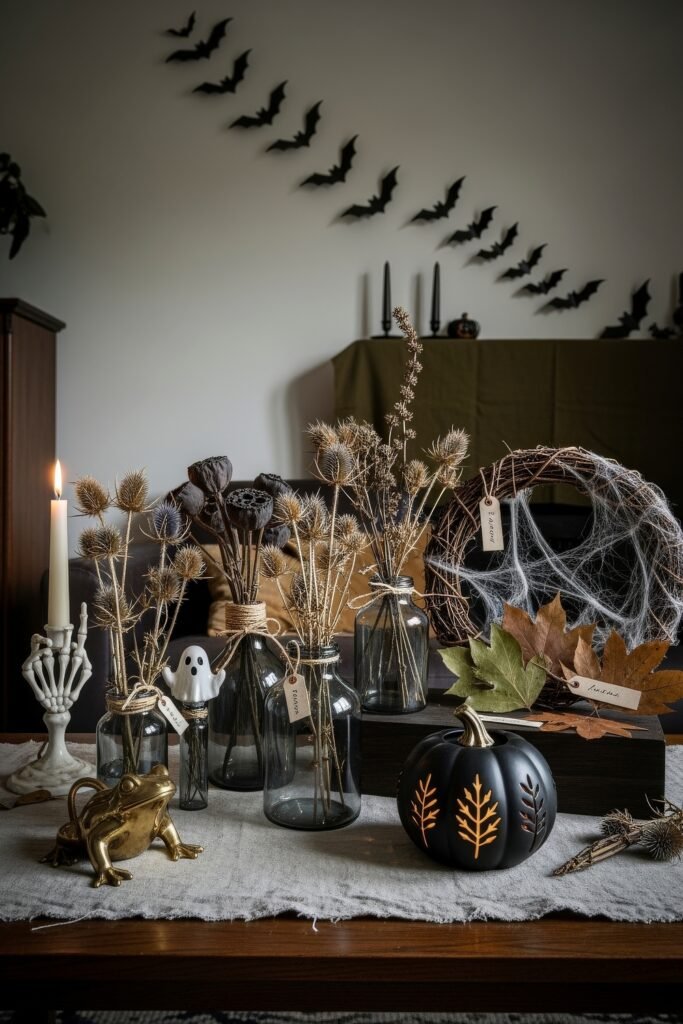 Spooky-Chic Magic: halloween home décor Ideas You’ll Love 28 Rustic tabletop arrangement of dried herbs, labeled jars, a black pumpkin lantern with leaf carvings, ghost figurine, and bat wall décor.