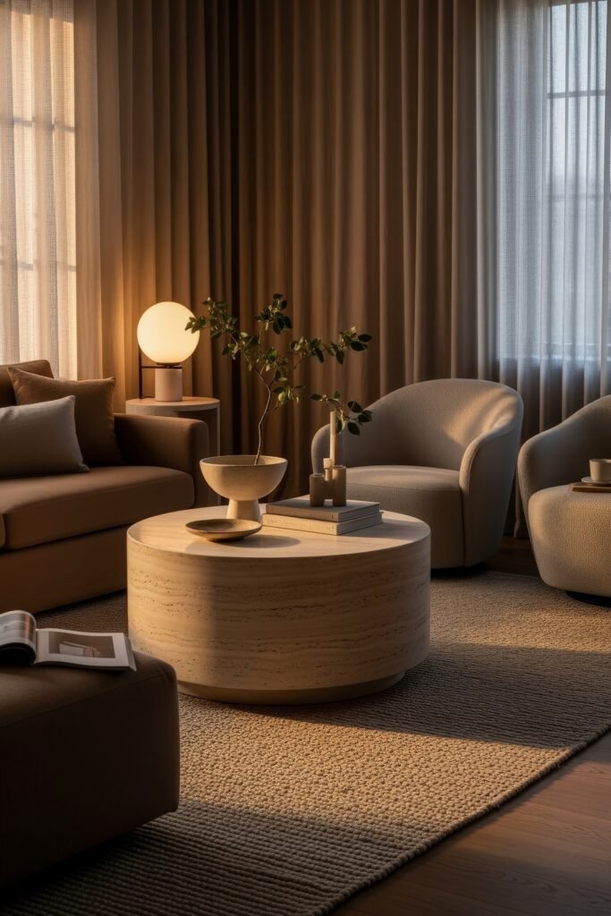 Ideas to Nail a Luxury Apartment Aesthetic 28 Cozy living area bathed in warm light, featuring a round stone coffee table, boucle armchairs, and a glowing orb lamp against layered curtains.