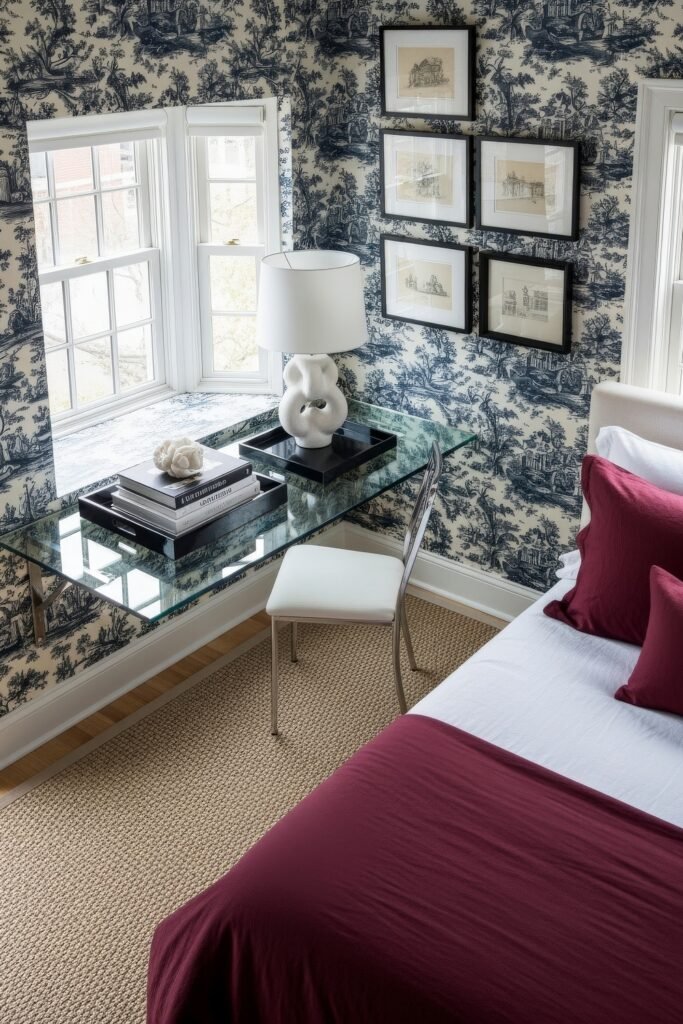 Small Bedroom Office Combo Ideas That Actually Look Chic 35 A corner bedroom workspace featuring a wall-mounted glass desk with books, a sculptural lamp, and a decorative tray, set against blue-and-white toile wallpaper.