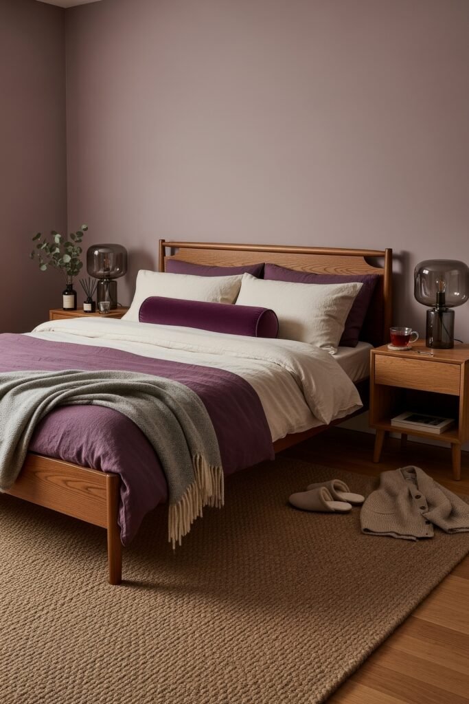 Small Bedroom Style Ideas: 15 Chic Looks That Work 36 Modern bedroom with muted purple walls, white and plum bedding, and gray throw blanket, styled with sleek smoked-glass lamps.