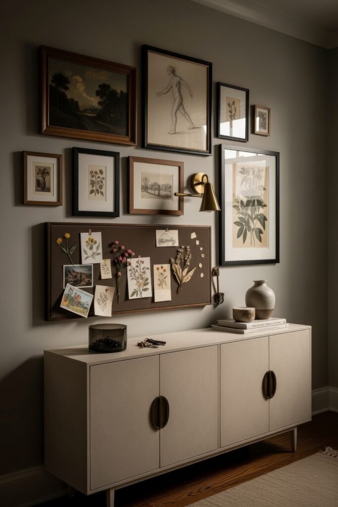 Chic Ideas for Aesthetic Apartment Decor That Feels Effortless 33 Warm-toned corner with a light sideboard, brass sconce, and an eclectic wall display of botanical art, sketches, and pinned pressed flowers.