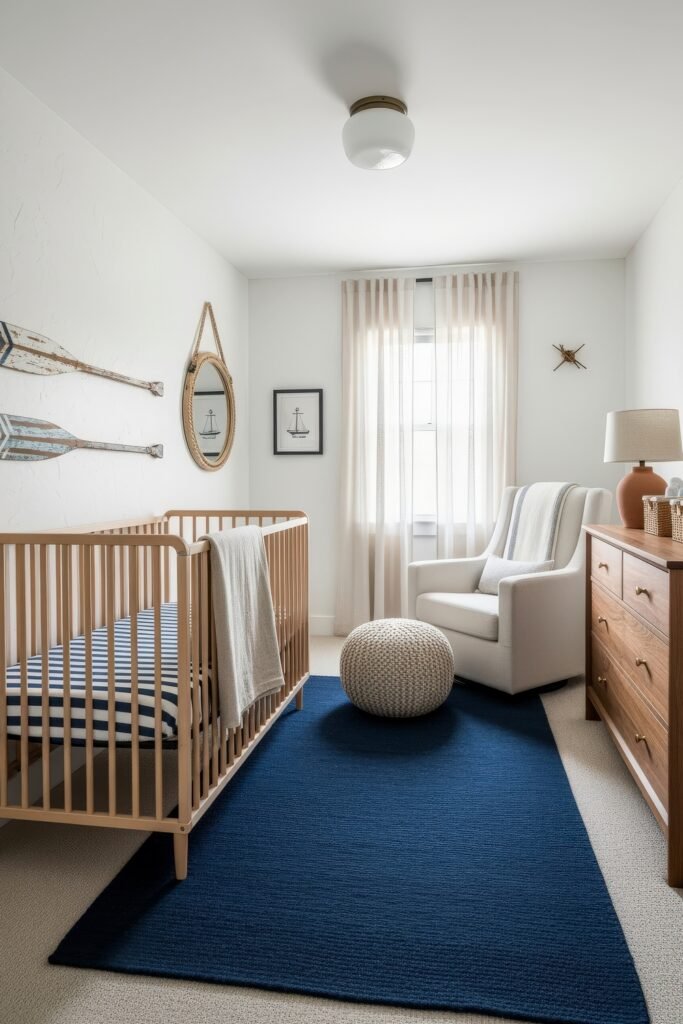 Dreamy Nursery Bedrooms: Baby Nursery Ideas for Boy 29 Coastal baby nursery idea for boy with natural wood crib, navy striped bedding, nautical wall art, and woven accents creating a seaside retreat.