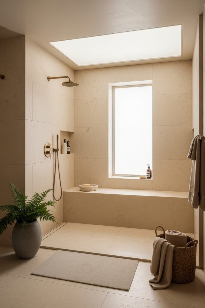 Bathroom Decor Ideas for Calm, Color, and Character 20 Spacious walk-in shower with a skylight, matte beige tiles, a built-in bench, and natural accessories, emphasizing light and simplicity in modern bathroom decor.