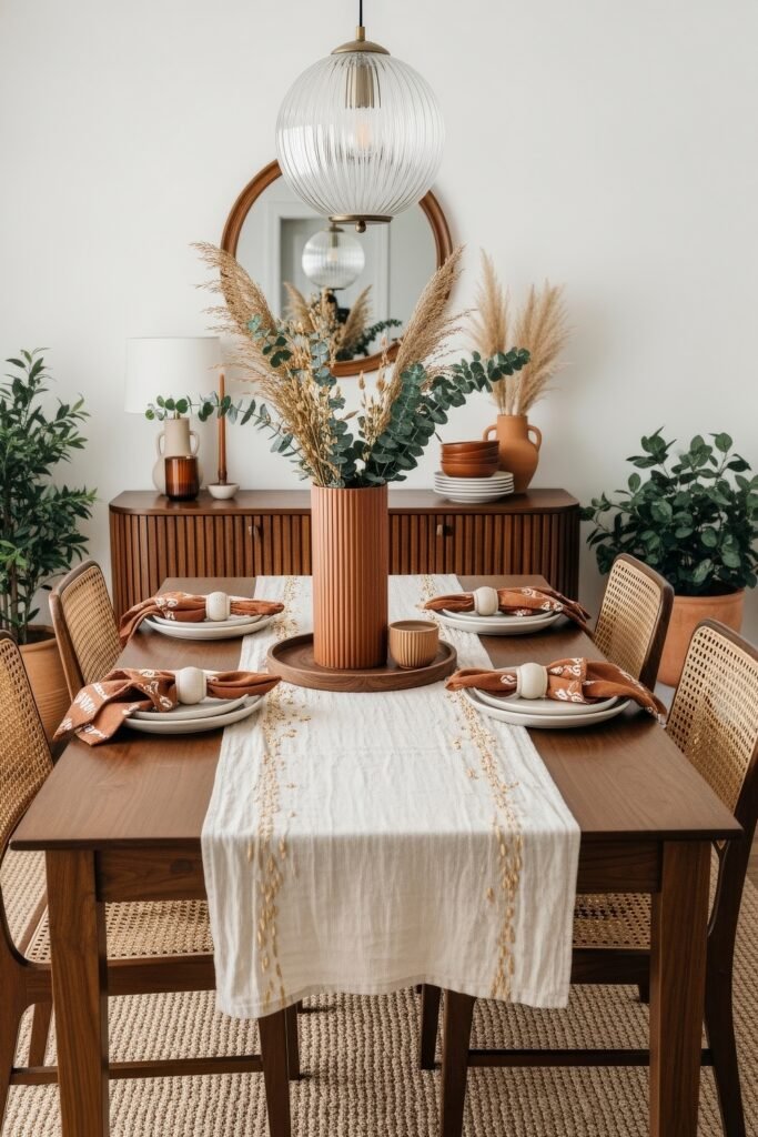 Cozy Boho Fall Decor: Ideas for Warm, Collected Style 32 Dining room with a wooden table set with rust napkins, neutral plates, and a tall terracotta vase of pampas grass and greenery, styled with warm boho fall decor.