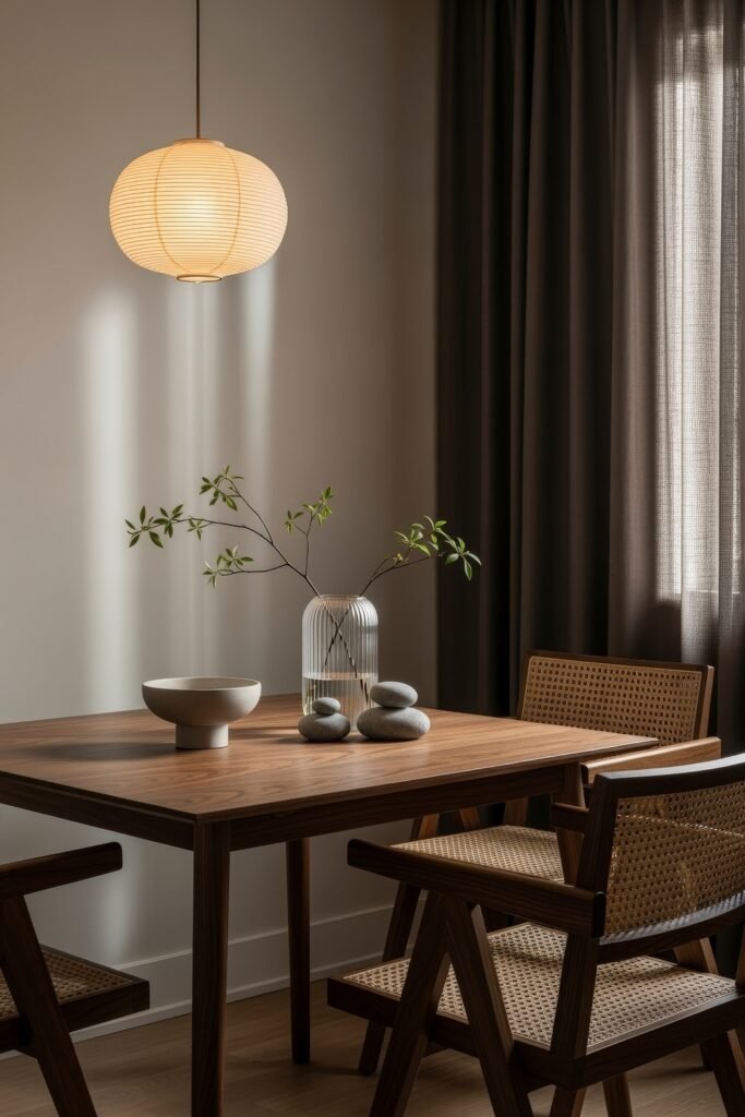 Chic Ideas for a Brown Apartment Aesthetic 28 Intimate dining nook featuring a square walnut table, woven-back chairs, and minimalist decor with stones and a branch in a ribbed glass vase, softly lit by a paper lantern pendant—balanced and earthy aesthetic apartment decor.