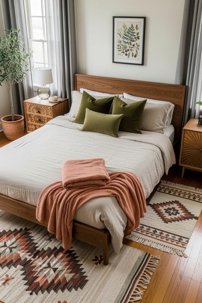 Dreamy Ways to Style a Cozy Boho Bedroom 30 Bright and earthy bedroom featuring olive green pillows, a burnt orange throw, tribal area rugs, carved wood furniture, and potted greenery, with a framed botanical print enhancing the cozy boho bedroom ambiance.