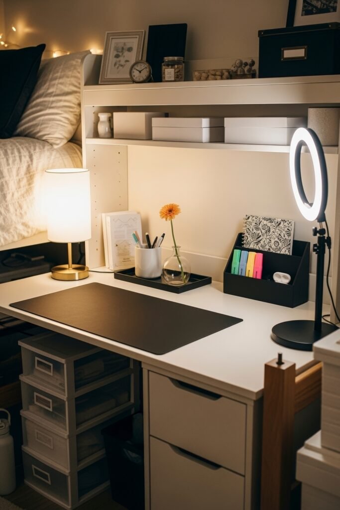 Dorm desk organization ideas for a chic glow-up 24 Modern dorm desk featuring a black desk mat, ring light, small flower in a glass vase, and neatly arranged stationery under warm lighting.