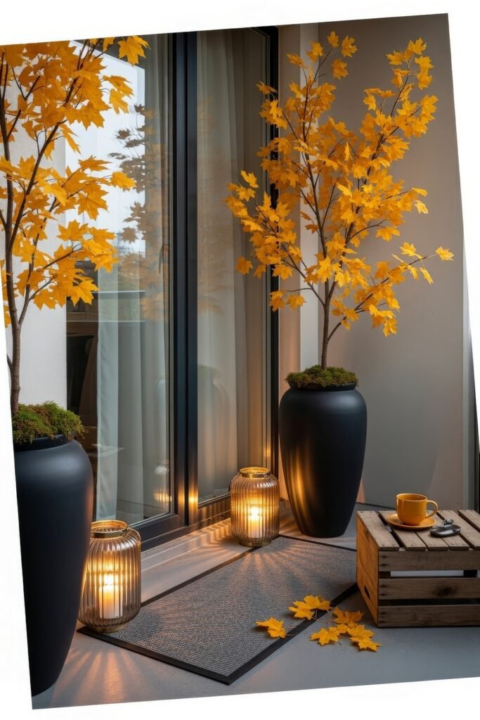 Cozy Entry Glow: Fall Porch Ideas to Try 30 Balcony nook with black planters holding golden-leafed trees, glowing lanterns, a rustic crate side table, and a warm drink.