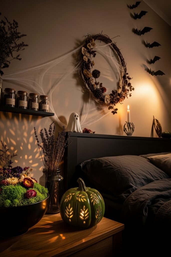 Spooky-Chic Magic: halloween home décor Ideas You’ll Love 29 Bedroom nightstand with a green pumpkin lantern carved with leaf motifs, dried flowers, cobweb wreath, and glowing candlelight for a cozy halloween home décor.