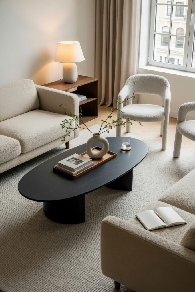 Ideas to Nail a Luxury Apartment Aesthetic 29 Neutral-toned living room with boucle seating, black oval coffee table, and sculptural vase, styled with books and greenery for a calm, modern aesthetic.