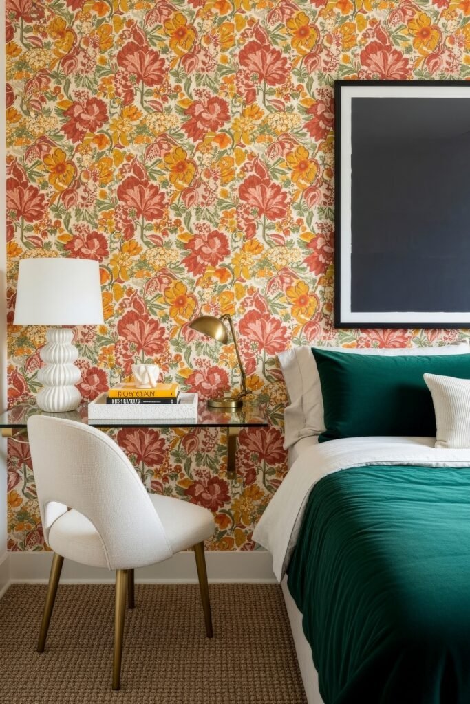 Small Bedroom Office Combo Ideas That Actually Look Chic 36 A vibrant bedroom corner with a wall-mounted glass desk and a bold floral wallpaper in red, yellow, and orange, paired with a white lamp, gold desk lamp, and emerald green bedding.