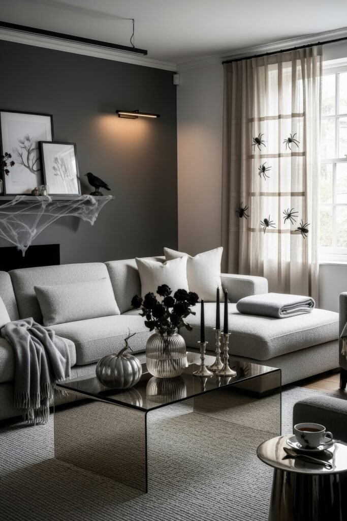 Stylish halloween living room Ideas: 15 Fresh Styles 30 Minimalist halloween living room with silver pumpkins, black roses, spider curtain, and cobwebs for a sleek spooky vibe.