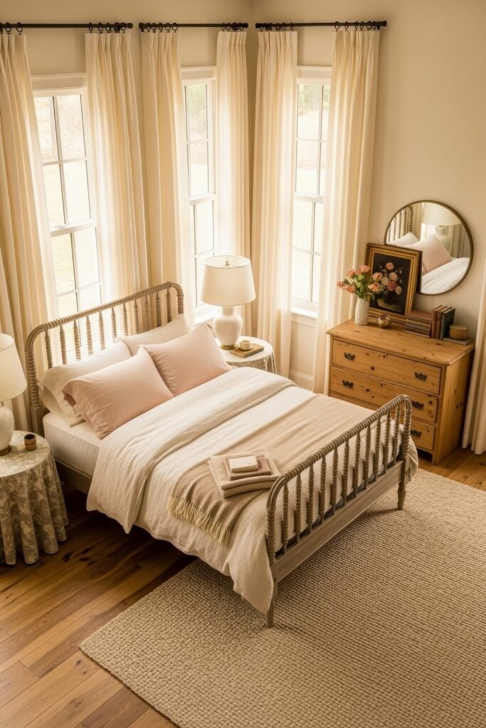 Sweet Ideas for a Romantic Cozy Farmhouse Bedroom 25 Airy romantic cozy farmhouse bedroom with a spindle bed, cream bedding, blush pillows, and soft light streaming through tall windows onto a rustic dresser with pink roses.