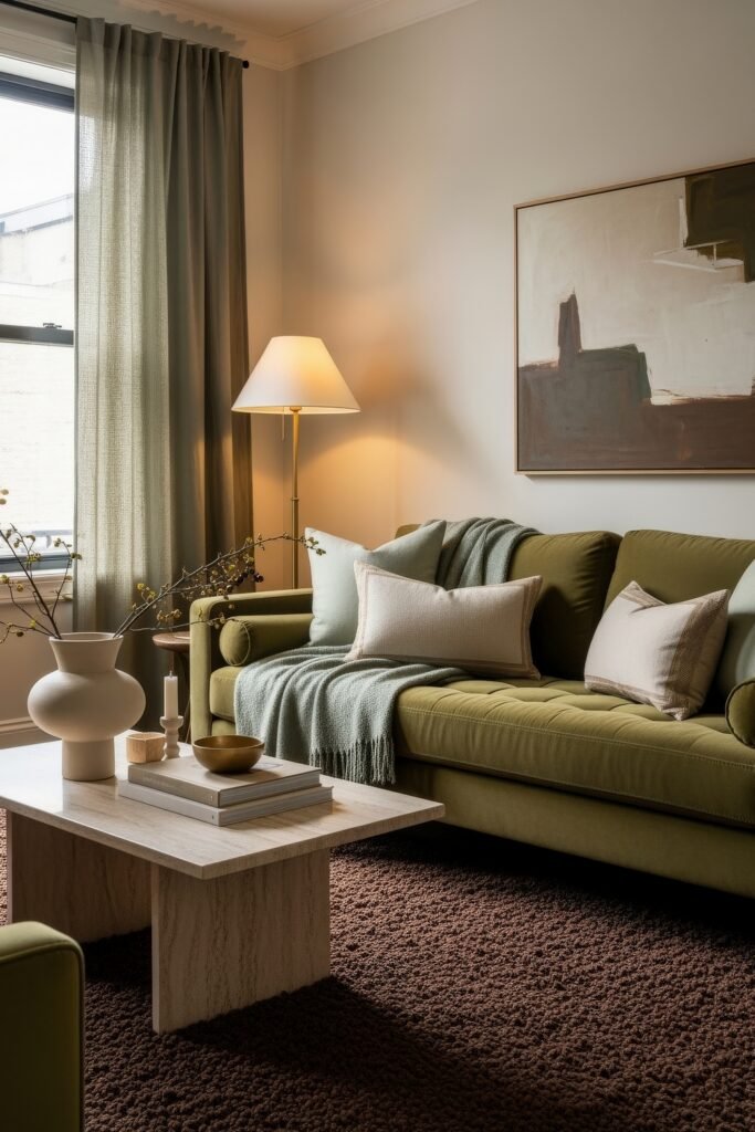 Chic Ideas for Aesthetic Apartment Decor That Feels Effortless 34 Inviting living room with an olive green sofa, layered neutral pillows, travertine coffee table, and modern abstract artwork, styled with soft lighting.