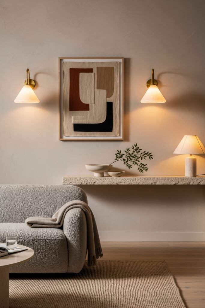 Ideas to Nail a Luxury Apartment Aesthetic 30 Elegant lounge with a boucle sofa, floating stone shelf, abstract wall art, and sculptural lighting, blending soft textures with modern aesthetic apartment decor.