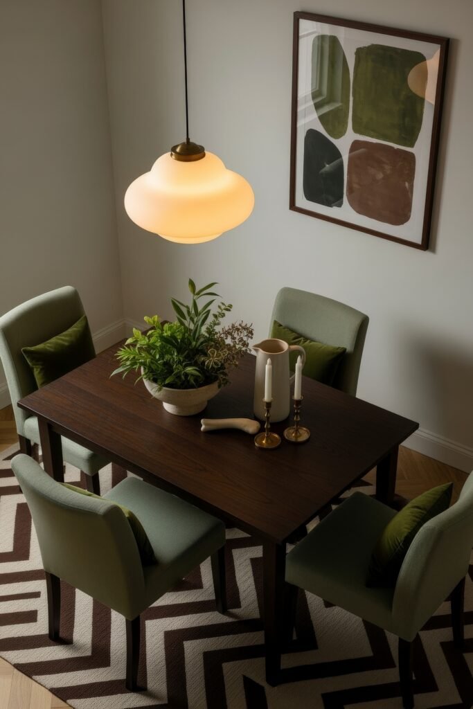 Chic Ideas for Aesthetic Apartment Decor That Feels Effortless 35 Intimate dining room with a dark wood table, sage green upholstered chairs, a bold zigzag rug, and a glowing pendant light, styled with brass candlesticks, a ceramic pitcher, and a leafy plant centerpiece.