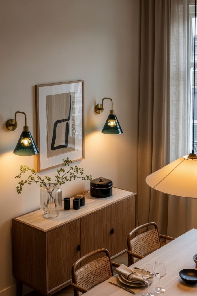 Ideas to Nail a Luxury Apartment Aesthetic 31 Dining room with a light wooden sideboard decorated with a ribbed glass vase of greenery and black ceramic accents, framed abstract artwork above, and brass wall sconces with green shades adding a touch of luxury apartment aesthetic.