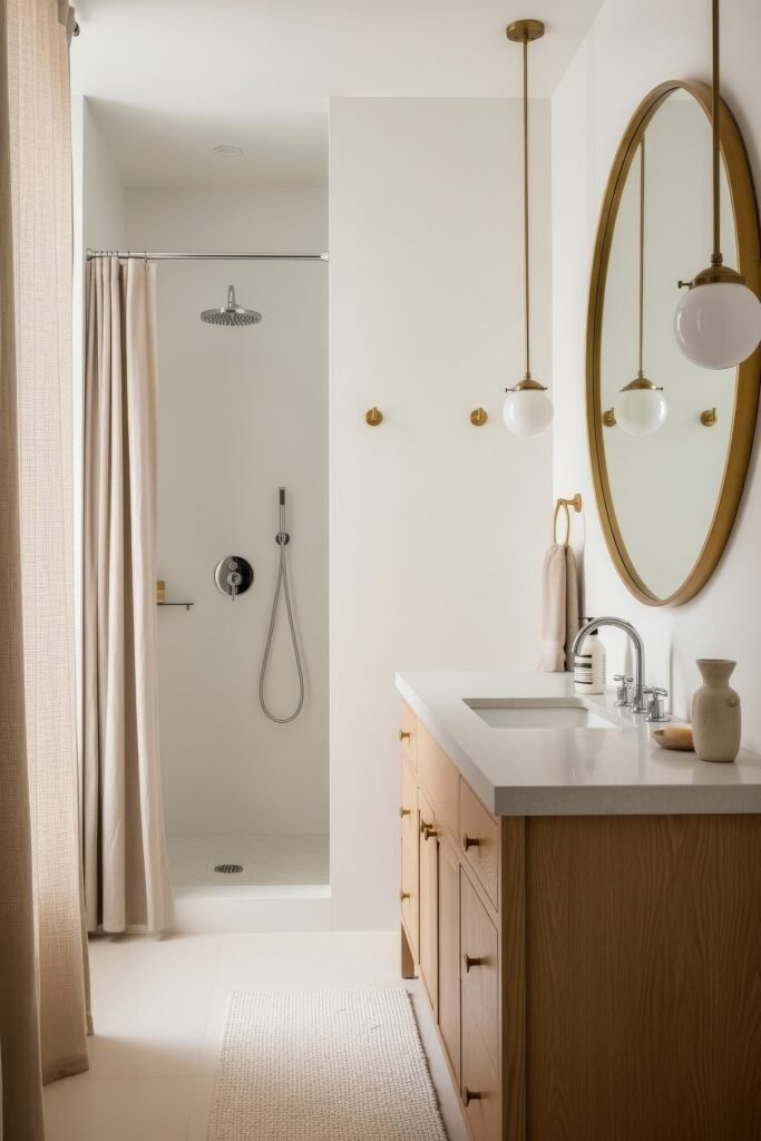 Bathroom Decor Ideas for Calm, Color, and Character 21 Soft and serene bathroom with a natural wood vanity, oval mirror, globe pendant lights, and a simple shower space with a neutral curtain—an inviting example of minimalist bathroom decor ideas.