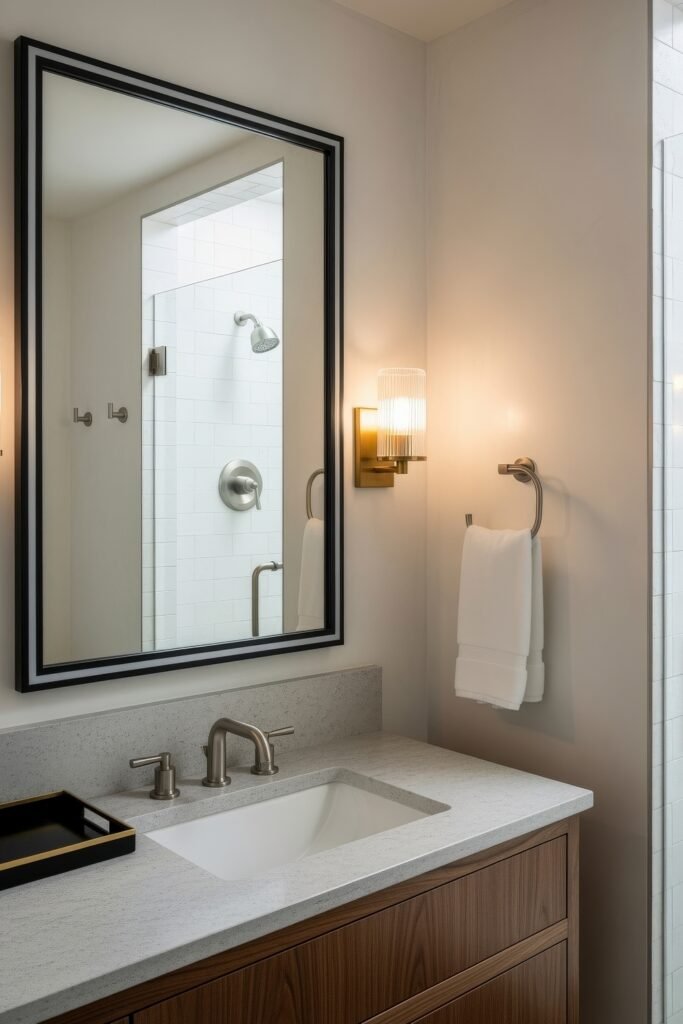 Bathroom Decor Ideas for Calm, Color, and Character 22 Sleek bathroom with a dark wood vanity, brushed nickel fixtures, and a black-framed mirror reflecting a white tiled shower, combining sharp lines and warm tones in refined bathroom decor.