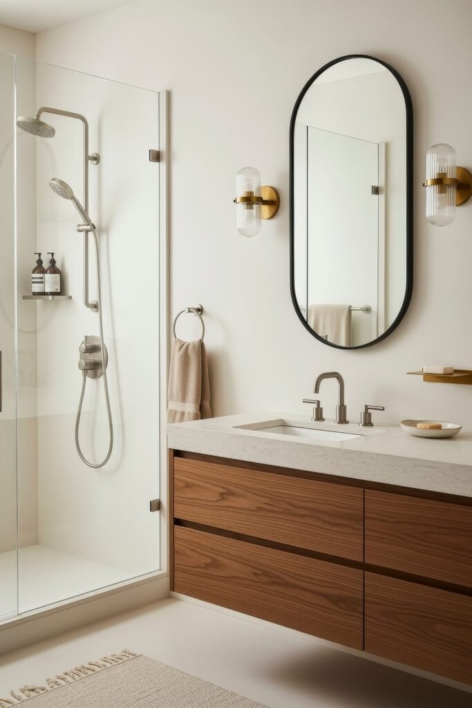 Bathroom Decor Ideas for Calm, Color, and Character 23 Clean and modern bathroom with a floating wood vanity, oval mirror, brushed metal fixtures, and glass shower enclosure, ideal for contemporary bathroom decor ideas.