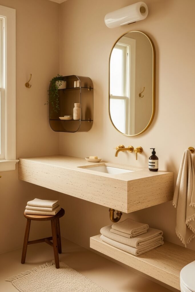 Bathroom Decor Ideas for Calm, Color, and Character 24 Cozy beige-toned bathroom featuring a travertine floating vanity, gold fixtures, and soft textiles, with thoughtful styling for warm and modern bathroom decor.