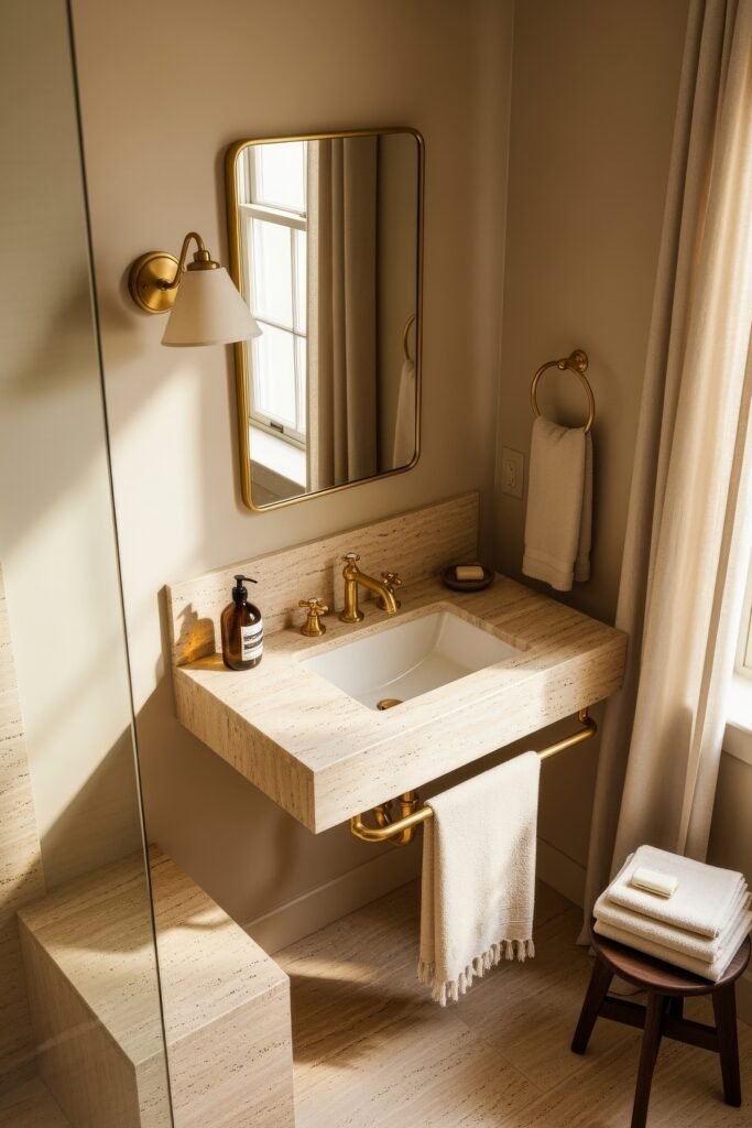 Bathroom Decor Ideas for Calm, Color, and Character 25 Small yet stylish bathroom with a wall-mounted travertine sink, brushed gold accents, and soft natural light, presenting compact and elegant bathroom decor ideas.
