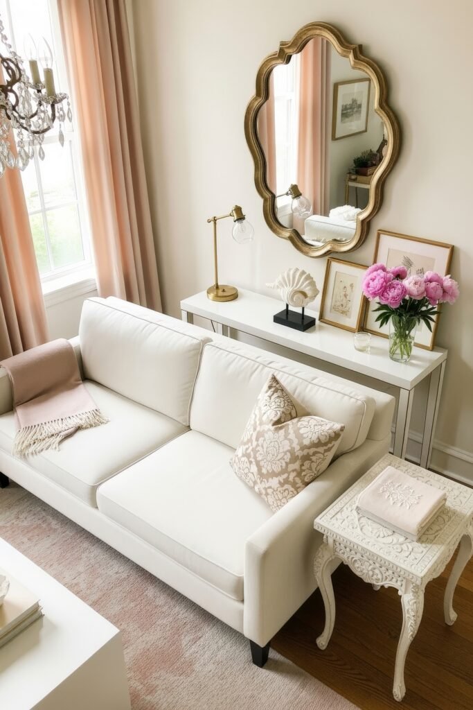 Chic Ideas for Aesthetic Apartment Decor That Feels Effortless 4 Elegant sitting room with a white sofa, blush curtains, ornate gold mirror, and a side table with pink peonies, blending modern and classic aesthetic apartment decor.