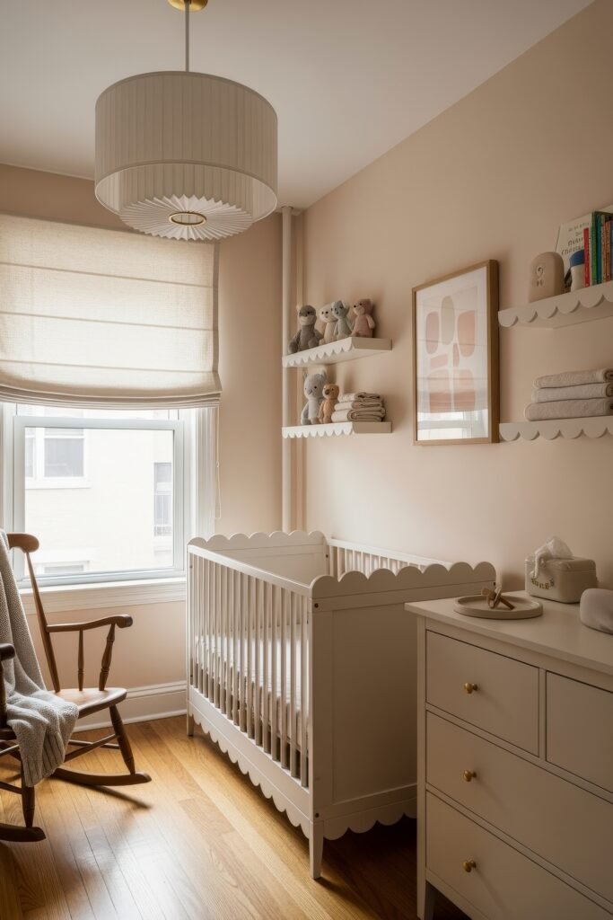 Dreamy & Stylish Baby Nursery Ideas for Girl 3 Minimalist nursery with scalloped white crib, wooden rocker, and open shelves holding plush toys and linens, styled in soft beige tones.
