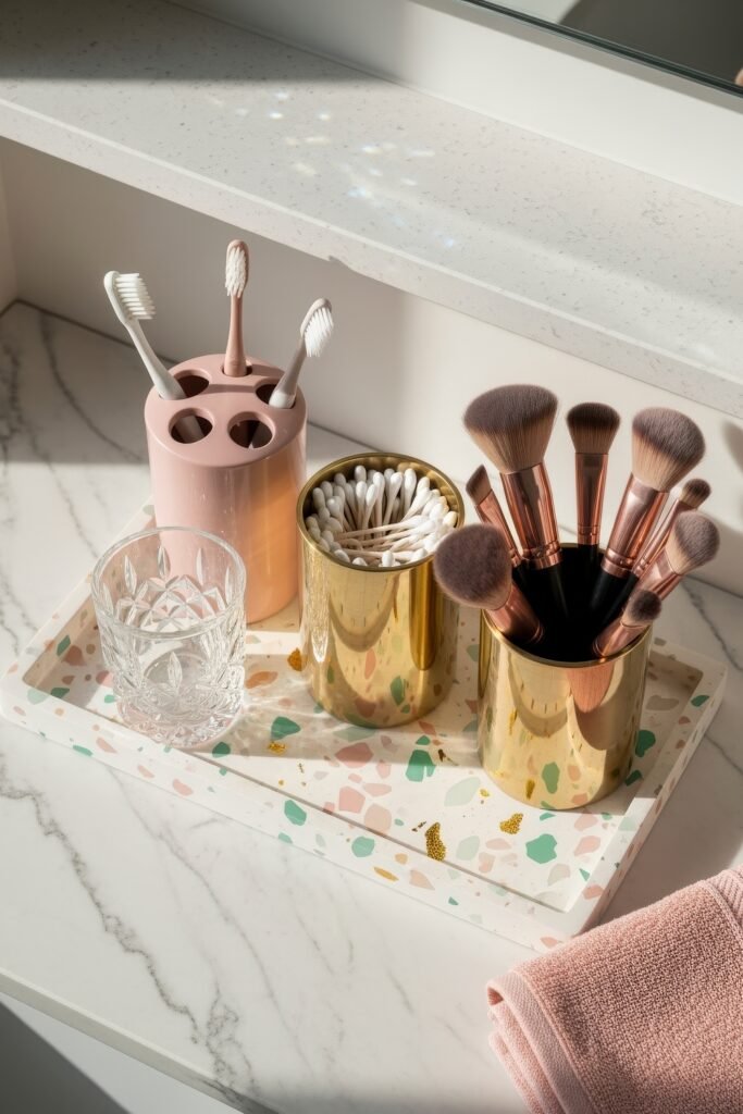 Stylish Bathroom Tray Ideas to Instantly Elevate Your Vanity 3 A terrazzo bathroom tray on a marble counter holding gold containers filled with makeup brushes and cotton swabs, a glass tumbler, and a pink toothbrush holder, styled with a soft pink towel nearby.
