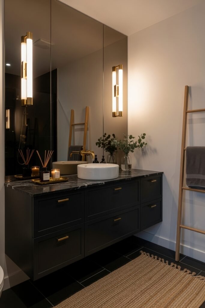 Black and Gold Bathroom Decor Ideas for Luxe Everyday Calm 4 Contemporary vanity with black drawers, brass hardware, round vessel sink, and large wall mirror, decorated with candles and greenery for a cozy modern feel.