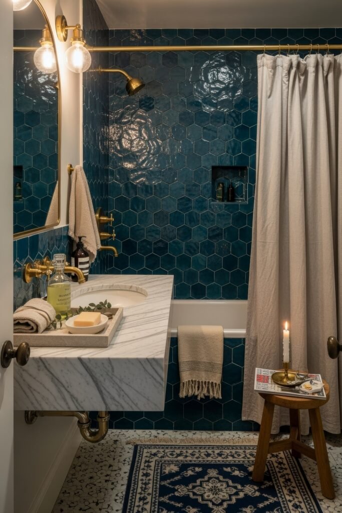 Blue Bathroom Decor: Fresh, Wow-Worthy Ideas 4 Bathroom with deep teal hexagon tiles, marble sink, and brass fixtures paired with a glowing candle for a moody bathroom decor.