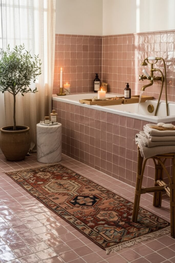Fresh Ways to Layer Boho Bathroom Decor 4 Soft pink tiled bathroom with a soaking tub, vintage rug, brass fixtures, candles, and a potted olive tree for cozy Bathroom Decor Inspo.