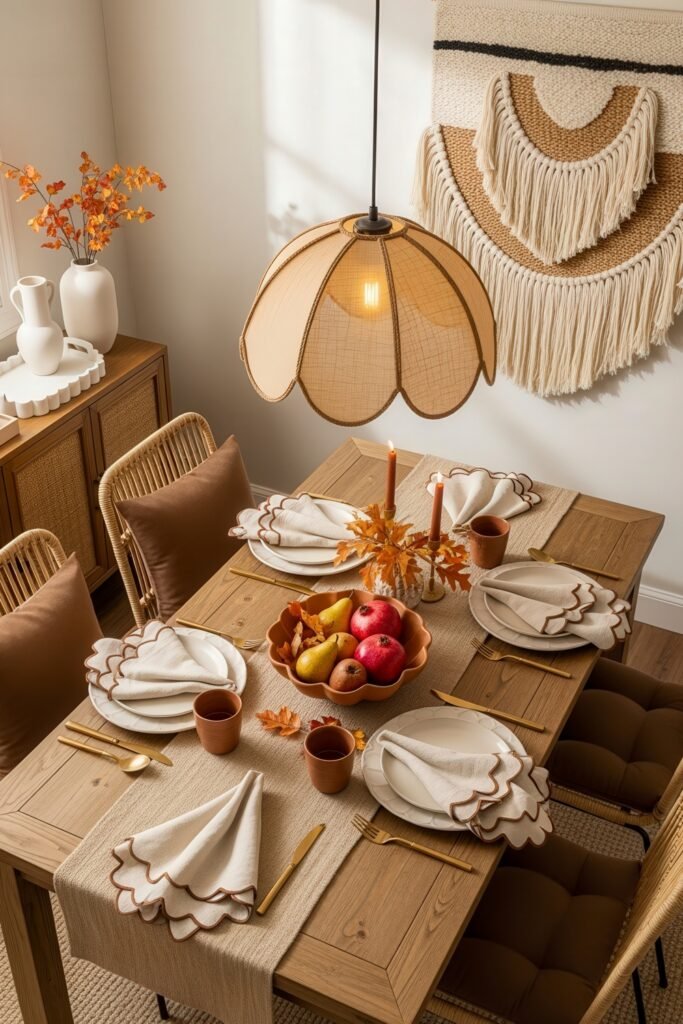 Cozy Boho Fall Decor: Ideas for Warm, Collected Style 4 Autumn-inspired dining table set with scalloped-edge napkins, gold cutlery, a centerpiece of pears and pomegranates, and orange candles under a woven light fixture.