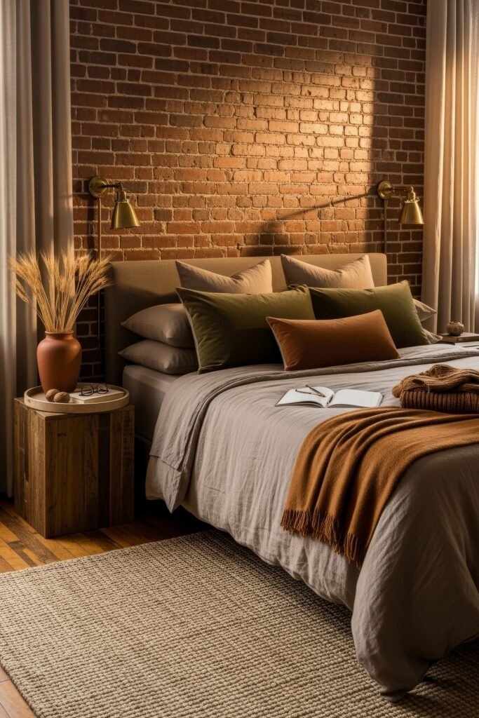 Soft & Stylish: Cozy Bedroom Ideas for an Effortless Retreat 4 Industrial-style cozy bedroom with a brick accent wall, earthy-toned bedding, rust-colored throw blanket, green pillows, and a rustic wooden side table with a vase of wheat.
