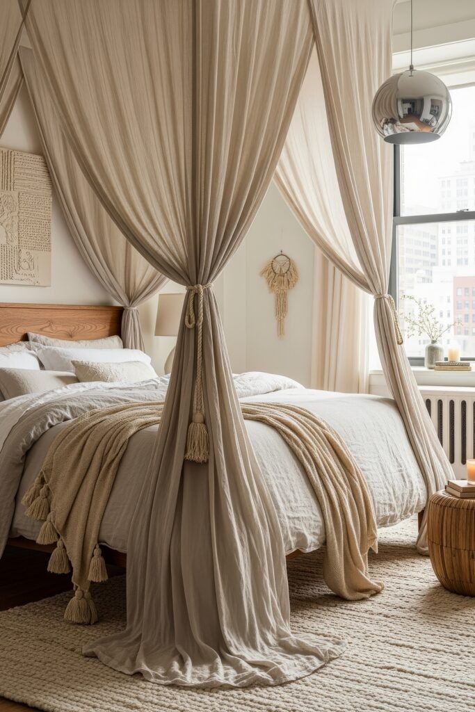 Dreamy Ways to Style a Cozy Boho Bedroom 4 Elegant bedroom draped in soft beige canopy curtains, with a light wood bedframe, layered neutral bedding, tasseled blankets, and subtle boho accents like a macrame wall hanging and dreamy lighting, creating a peaceful cozy boho bedroom.