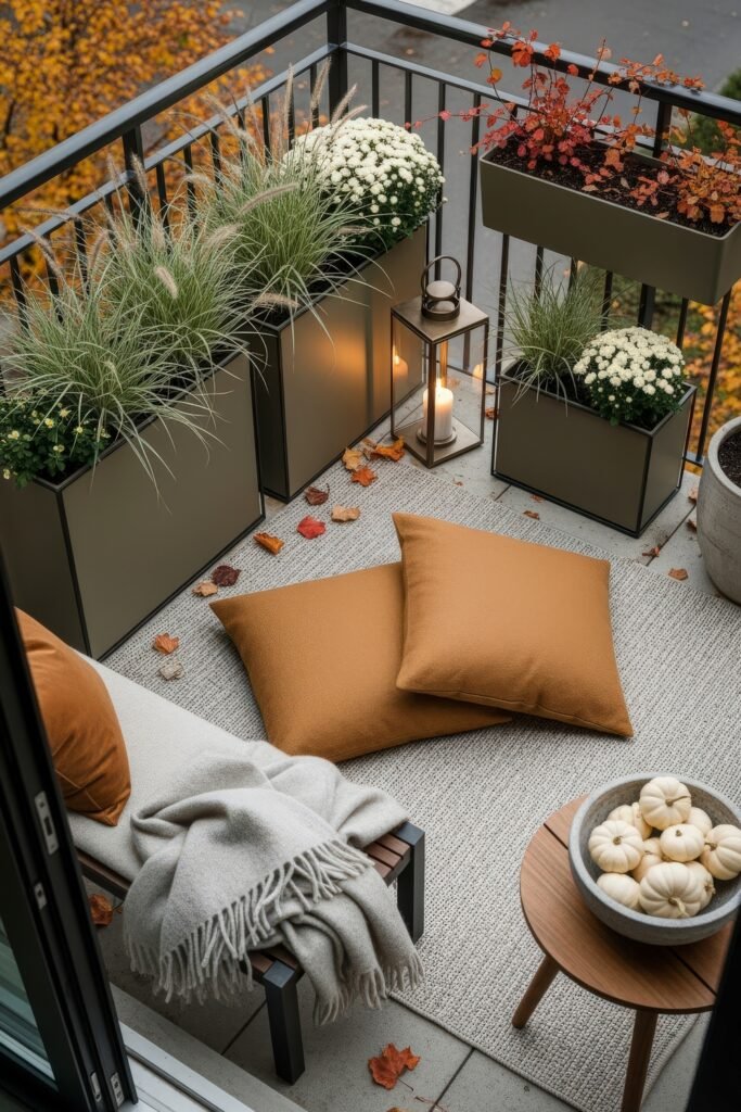 Cozy Entry Glow: Fall Porch Ideas to Try 4 Small balcony decorated with orange cushions, white pumpkins, grasses, and a lantern, offering simple fall porch ideas.