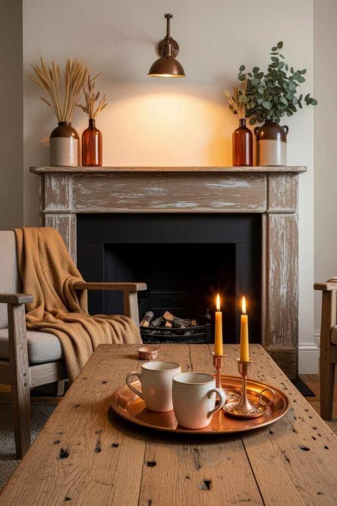 Fresh farmhouse fall decor Ideas for a Cozy, Modern Home 4 Rustic fireplace mantel decorated with amber vases of wheat and greenery, while a wooden coffee table holds candles and mugs, adding warm farmhouse fall decor.