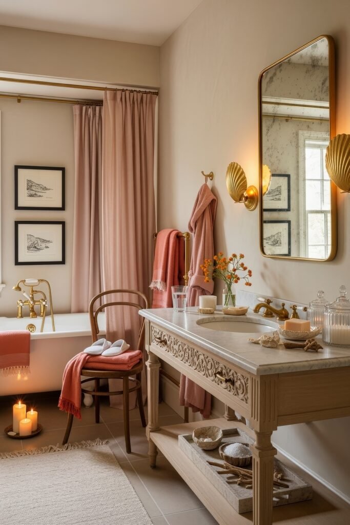 Elegant Ways to Layer french vintage bathroom décor 4 Warm bathroom decorated with coral accents, carved wood vanity, gold fixtures, and candles beside a soaking tub with pink curtains.