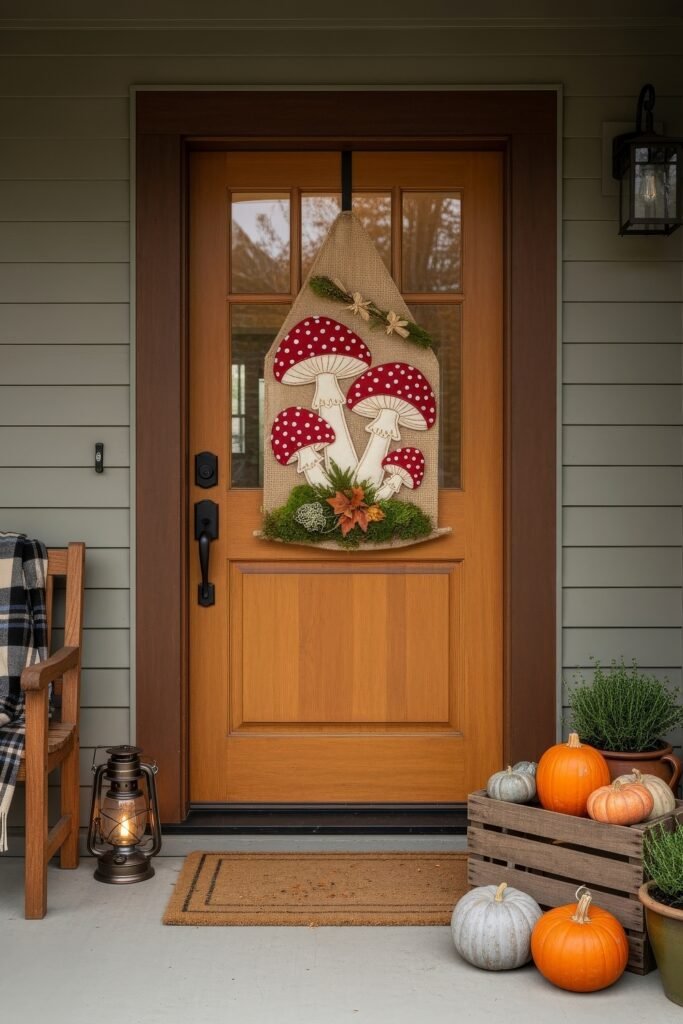 Chic halloween door hangers to elevate your entry 4 Wooden front door with a burlap Halloween door hanger featuring red-spotted mushrooms, surrounded by pumpkins and autumn greenery.